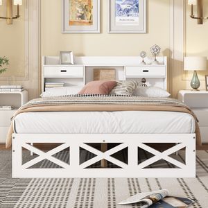 okwish klassisches Holzbett 140 x 200 cm, Holzlattenrahmen, mit Aufbewahrungsfunktion, Doppelbett aus MDF + Mehrschichtplatte, weiß