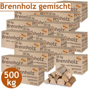 Brennholz Gemischt Kaminholz 500 kg Buche Eiche Birke Kiefer Fichte Holz Für Ofen und Kamin Kaminofen Feuerschale Grill Feuerholz 25 cm Wood Kammergetrocknet Flameup