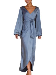 Damen Abendkleider Satin V-Neck Kleid Elegant Casual Long Maxi Kleider Wickelkleid Dunstblau,Größe L