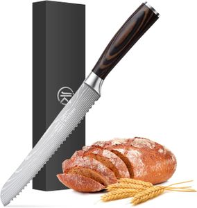 Joejis Brotmesser Wellenschliff in silber mit hölzernem Griff als Bread Knife oder Konditormesser in einem Set aus dem Brotschneidemesser einer Schutzhülle und einer magnetischen Geschenkbox