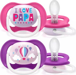 AVENT Smoczek uspokajający Ultra Air Animals, 6-18 m - I Love Papa, różowy/liliowy