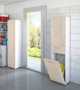Mehrzweckschrank Dcosim, Linearer Wäscheschrank mit 2 Türen, Badezimmersäule mit Wäschekorb, 100%  Italy, 45x32h195 cm, Eiche und Weiß