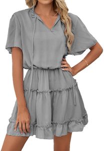 ASKSA Damen Kurzarm Kleid Elegant Rüschen Sommer V-Ausschnitt Tunikakleid Einfarbig Kleider, Grau, XL