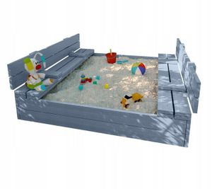 Sandkasten Sandbox 120x120 Sandkiste mit Sitzbänken Holz Spielzeug GRAU / BETON