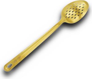 HOOZ Schaumlöffel gelocht aus hochwertigem Edelstahl, spülmaschinenfestes Küchen Zubehör, robuster Abseihlöffel effizientes Abschöpfen von Suppen und Frittiertem (36,5 x 7 cm) (Gold)