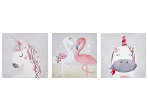 BELIANI Wanddekoration Bunt 3er Set 30 x 30 cm Flamingo- und Einhornmotiv Polyester Leinwandbilder Quadratisch Schlafzimmer Kinderzimmer Dekoration