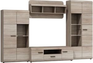 Wohnwand - Set C Gabes für Wohnzimmer, 4-teilig, Farbe: Eiche Sonoma, hohen Vitrine, Hängeregal, TV-Unterschrank, kleinen Vitrine