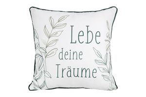 GILDE Kissen, quadratisch, "Lebe Deine Träume", Blattmotiv, Spruch, Polyester, creme, grün, , B. 45 cm, H. 45 cm 47462