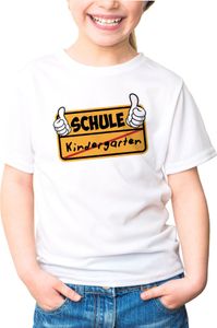 Kinder T-Shirt Mädchen Parodie Ortsschild Schule Kindergarten Geschenk zur Einschulung Schulanfang Moonworks® weiß 122-128 (7-8 Jahre)