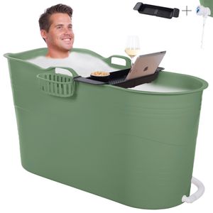 HelloBath® Mobile Badewanne für Erwachsene XL- Ideal für das kleines Badezimmer - 122x55x64cm - Stylisch (Sage Grün) - Inklusive Badewannenablage