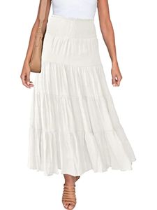Damen hohe Taille Midi Rock Sommer Rüschenröcke lässig Swing,Farbe:Weiß,Größe:S