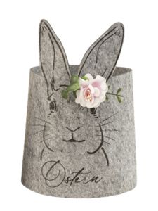 Niedliches Osterkörbchen grau mit Hasenkopf und Blumen – Perfekt für Ostergeschenke