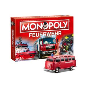 Monopoly Feuerwehr 2021 + VW T1 Feuerwehr Modellauto mit Licht & Sound (12cm)