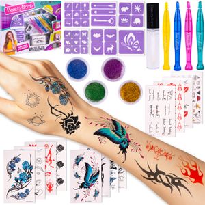 Malplay Glitter Tattoo Set DIY abwaschbare Schablonen 4 Glitzer 4 Marker ab 3 Jahren