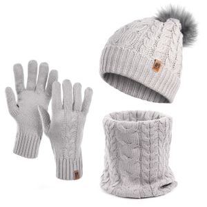 Damen Wintermütze Schlauchschal Handschuhe 3 teiliges Set | Warme Winter Mütze Schal Winterhandschuhe Beanie gefüttert grau