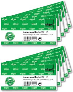 SIGEL GN110 Nummernblock, 10er-Pack, nummeriert 1-1000, 5-fbg. sortiert, 105x50 mm, 10 x 100 Blatt