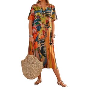 Damen Kurzarm Rundhals Maxikleider Beach Hawaiian Sommerkleider Boho Long schwingen Dress  Gelb,Größe:L