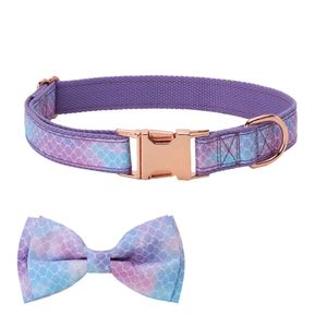 Soft&Comfy Hundehalsband mit Fliege, verstellbares Geschenkhalsband für kleine, mittelgroße Hunde, Fischschuppen, lila, S