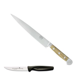 Güde Schinkenmesser 21 cm Alpha Olive X765/21 plus SCHARFsinnig Pizza- und Steakmesser ultra-sägescharf