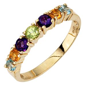 JOBO Damen Ring 333 Gold Gelbgold 2 Amethyste 2 Citrine 1 Peridot 2 Blautopase Größe 58