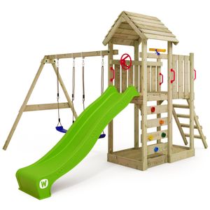 WICKEY Spielturm Klettergerüst MultiFlyer Holzdach mit Schaukel & Rutsche, Kletterturm mit Holzdach, Sandkasten, Leiter & Spiel-Zubehör - apfelgrün