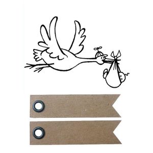 Holzstempel - Storch & Baby + 20 Wimpel Kraft Etiketten