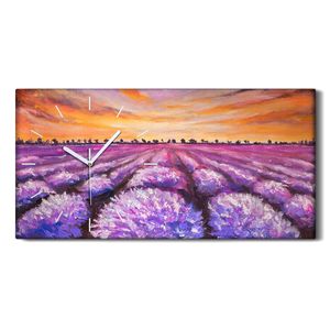 Wohnzimmer-Bild Leinwand Uhr Geräuschlos 60x30 Lavendelfeld Sonnenuntergang - weiße Hände