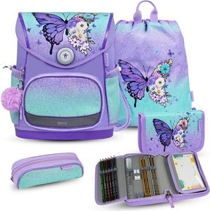 Belmil Premium ergonomischer Schulranzen Set 5 -teilig für Mädchen 1-4 Klasse Grundschule//Brustgurt/Magnetverschluss/Lila (405-41/P Serenity)