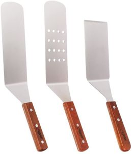 Pfannenwender-Set aus Edelstahl, Koch- und Grillutensilien, glatte und perforierte Pfannenwender und Schaber mit Holzgriffen für Teppanyaki-Grills und Backbleche, 3 Stück