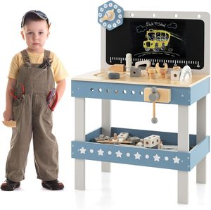 COSTWAY Werkbank Kinder aus Holz, Werkzeugbank mit Tafel, Uhr & 61 Zubehören, Spielzeugwerkbank Werkstatt für Kinder ab 3 Jahren (Blau)