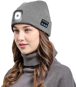 Bluetooth Mütze mit Licht, verbesserte musikalische Strickmütze mit Kopfhörer und eingebautem Stereo-Lautsprecher & Mikrofon, Winter Warm Gestrickte Musik Hut die beste festliche Geschenkeswahl (Grau Style 1)