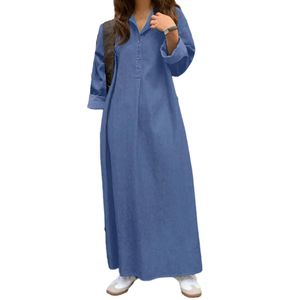 Damen Baumwolle Blusenkleider Lagenrevershals Denim Hemdkleider  Langarm Maxikleid Himmelblau,Größe:2xl