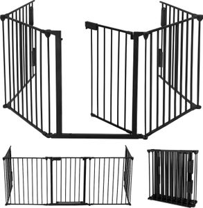 YUENFONG Kaminschutzgitter Metall mit Tür, 5 Elemente, Absperrgitter Ofenschutzgitter faltbar, Konfigurationsgitter für Kinder-Sicherung, 300x75 x60cm (Schwarz)