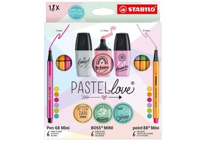 STABILO Zestaw 18 pastelowych produktów: po 6 szt. zakreślaczy, cienkopisów, flamastrów w mini formacie