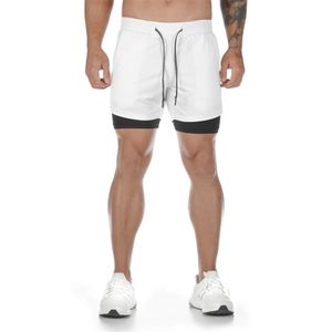 Herren 2 in 1 Kurze Sporthosen Laufen Fitness Jogging Sportshorts Handytasche Workout Shorts,Farbe: Weiß,Größe:M