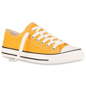Mytrendshoe Damen Sneakers Sportschuhe Schnürer Stoffschuhe Freizeit Schuhe 97316, Farbe: Dark Yellow, Größe: 36