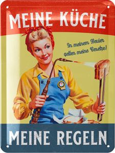 LANOLU retro Blechschild Küche, Vintage Schild mit Spruch, Meine Küche Meine Regeln, lustige Wanddeko Küche, Metallschild 15x20 cm
