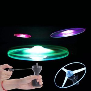 2 Stück leuchtendes fliegendes Spinnspielzeug LED UFO mit Griffzugdraht, Propellerspiel,  25*25*13cm, Jonglierspielzeuge