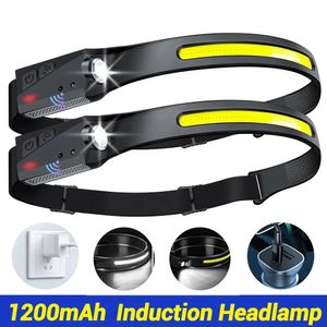 2x LED Stirnlampe, Sensorscheinwerfer USB wiederaufladbar Kopflampe, IPX4 Wasserdicht, Schwarz, für Camping Angeln Wandern