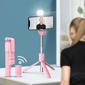Selfie Stick Stativ mit Bluetooth Fernauslöser Ausfahrbar 360°Rotation Monopod Handy Halterung Teleskop Selfiestick für iPhone Android(pink,Mit Lampe)