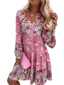 Damen V-Ausschnitt Sommerkleider Blumendruck Strandkleider Langarm Rüschen Kleider Rosa, Größe M