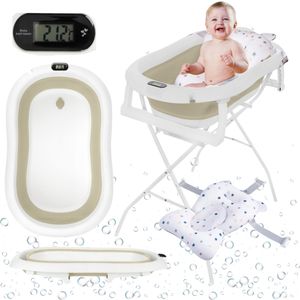 Primabobo Faltbare Babybadewanne Premium mit Gestell, Badekissen, Thermometer, Baby Badewanne klappbare, Babywanne mit Ständer für Babys, Beige