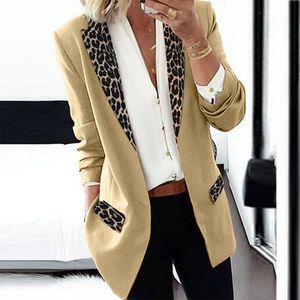Damen Leopard Casual Blazer Langarmjacke OL Strickjacke,Farbe: Khaki,Größe:L