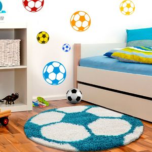 Wunderschöne Kinderteppich  rund , Höhe 30 mm, Fußball Motiv, Größe:Ø 100 cm Rund, Farbe:Türkis