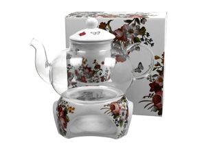 DUO FLORAL Teekanne 1000 ml VINTAGE FLOWERS WHITE mit Stövchen, Glas - New Bone China Porzellan