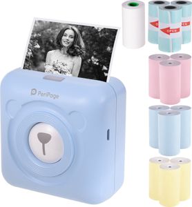 PeriPage Mini vrecková tlačiareň štítkov Tlačiareň štítkov Termotlačiareň papiera s pripojením Bluetooth + 9 termálnych roliek + 3 rolky lepiacej pásky 57 * 30 mm (modrá)