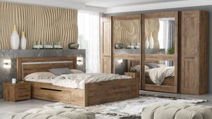 6-teiliges Schlafzimmer Set Madryt Kleiderschrank Bett 160x200cm Nachtkonsolen ribbeck eiche / Spiegel