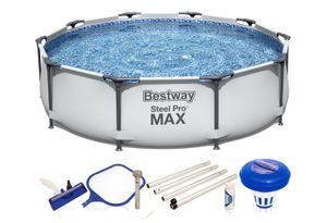 Bestway Frame Pool Steel Pro 305 x 76 cm mit Komplett 7-teilige Reinigungsset - FrameLink System  - Aufstellpool Schwimmbad Einfacher Aufbau