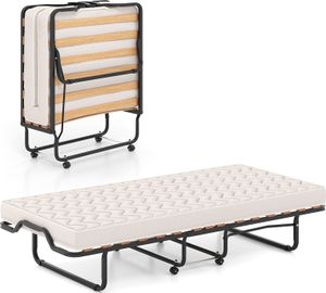 COSTWAY skladacia posteľ pre hostí 90x200cm, skladacia posteľ s matracom z pamäťovej peny, kovová posteľ prenosná posteľ stabilná do 120 kg na kolieskach béžová
