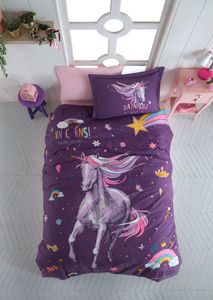 Kinder Bettwäsche 135x200 cm. 3 teilig set, lila 100% Baumwolle/Renforcé, Einhorn gemustert,  Rainbow